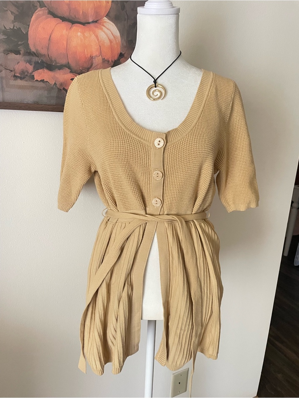 Route 66 Babydoll Vintage Tan Knit Belted Short Sleeve Cardigan Sweater Top New